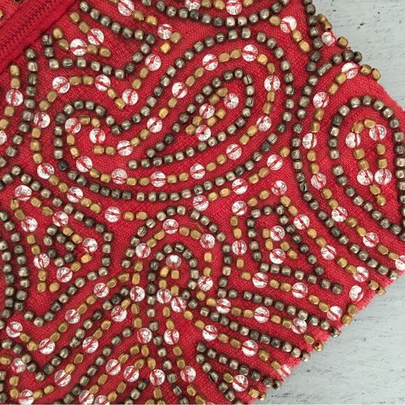 Moyna Red Beaded Boho Clutch Bag Purse - Picture 3 of 4